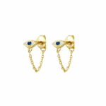 Sterling silver chain stud earrings with CZ evil eye - Gold 3x6mm Chain 28mm
