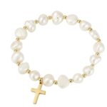 Stainless steel freshwater pearl rosary bracelet with gold CZ cross. Elastacised - 5-6 mm Pearls