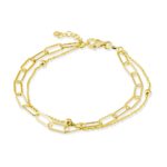 Sterling silver layered double bracelet – paperclip link and fine chain with ball detail. 17 + 2CM. 925 Sterling Silver + e-coat (anti-tarnish technology). 14k Gold Plated