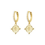 Sterling silver pave set CZ huggie earrings with North Star circle drop